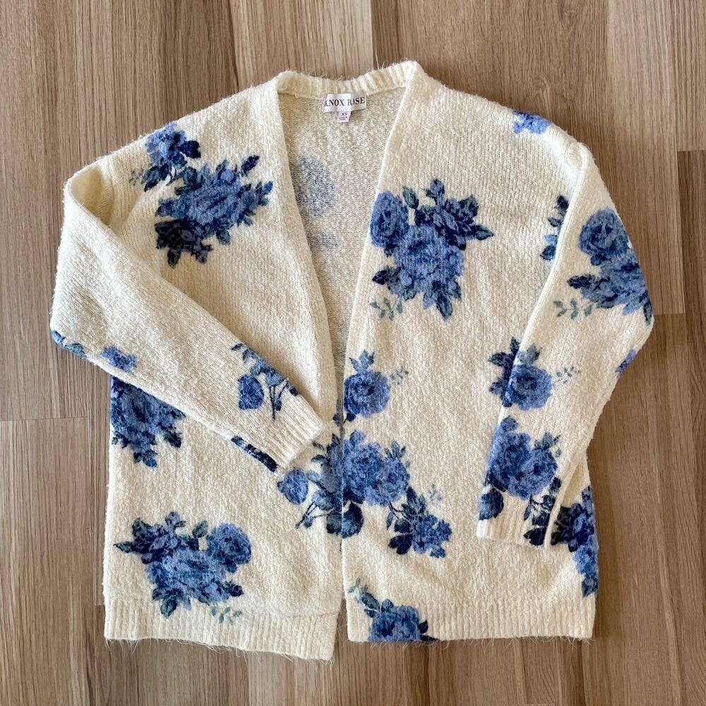 Knox Rose Women XS Open Sweater Cardigan Oversized Floral Cream Grandma Cottage